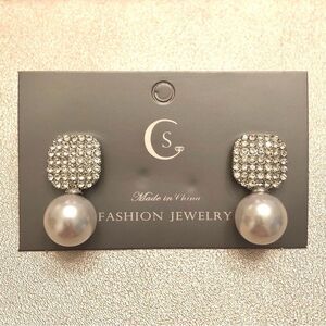 Pave CZ and Faux Pearl Drop Earrings | Silver Tone | 1” Length